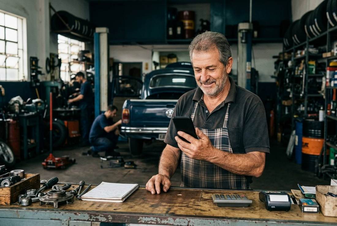 Dono de auto center lendo mensagem no celular