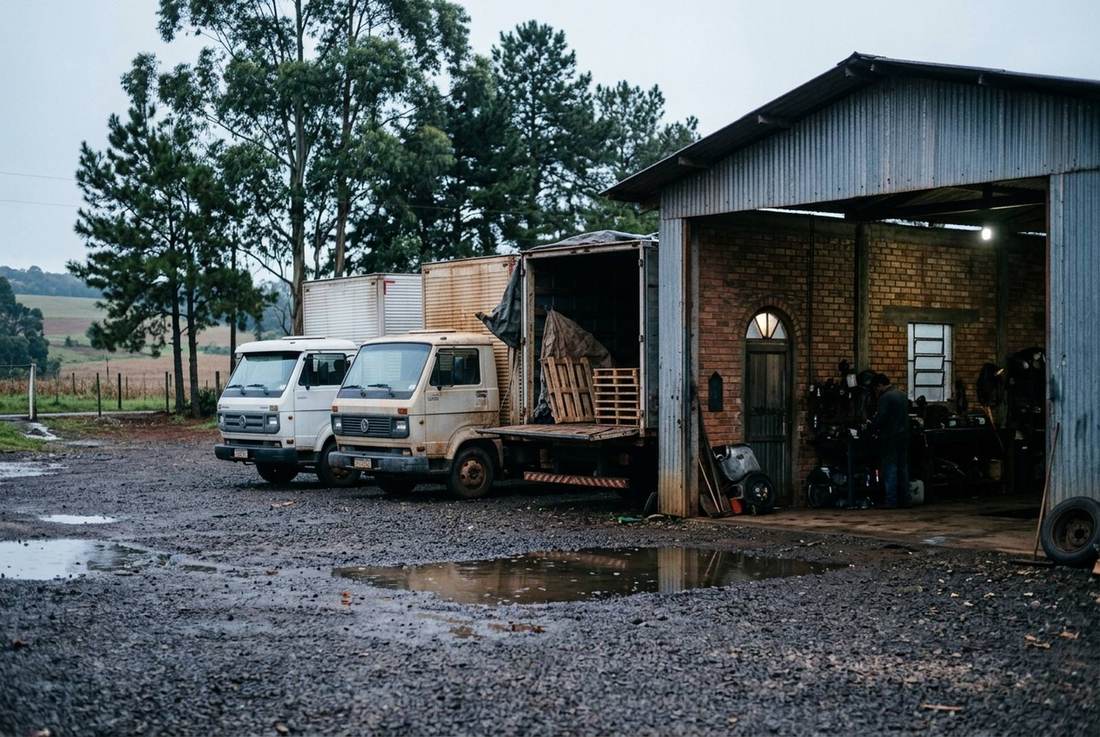 Pátio com caminhões e oficina